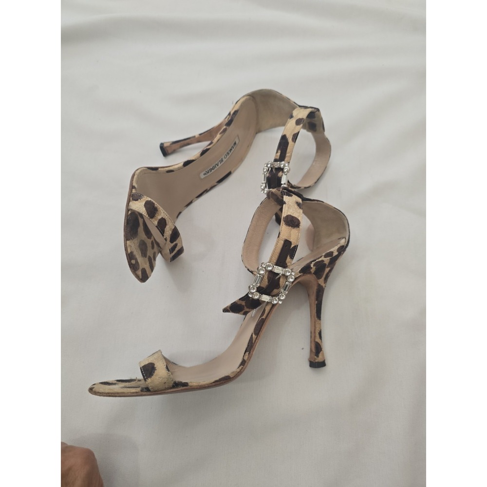 Manolo Blahnik CHAOS Leopard Print,  Canvas Open Toe Ankle Strap High Heels 39